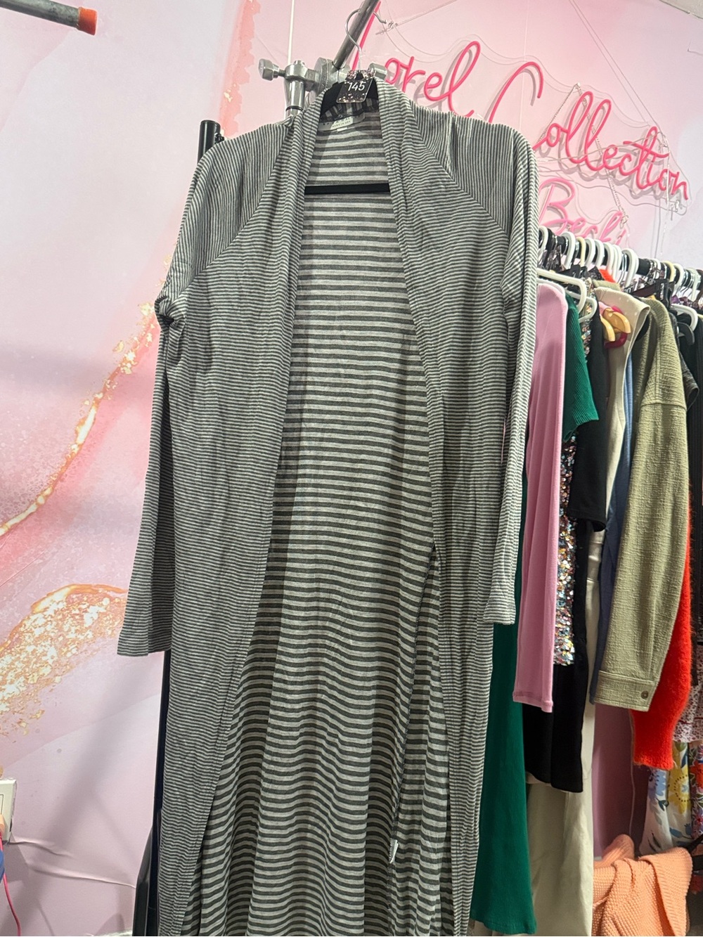 bryn Walker Gray Striped Open-Front Maxi Cardigan